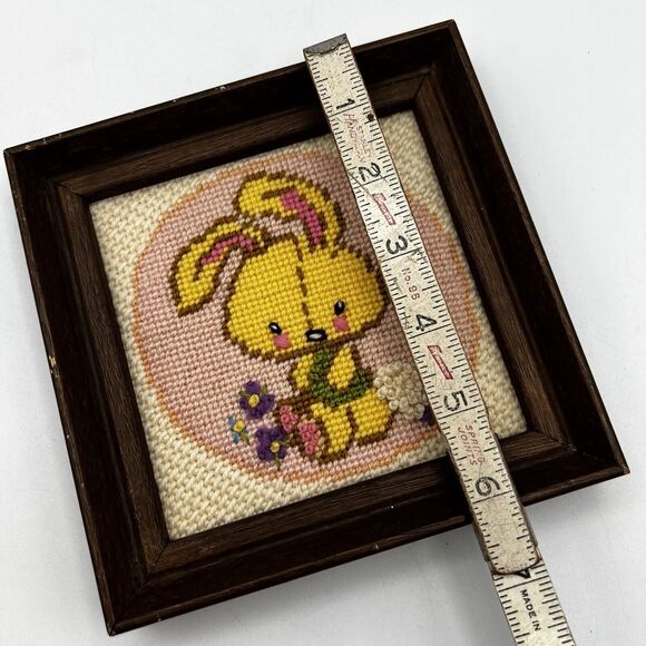 Small Vtg Yellow Bunny Rabbit Needlepoint Wall Art Framed Kitsch Retro Easter 6" - Picture 6 of 6